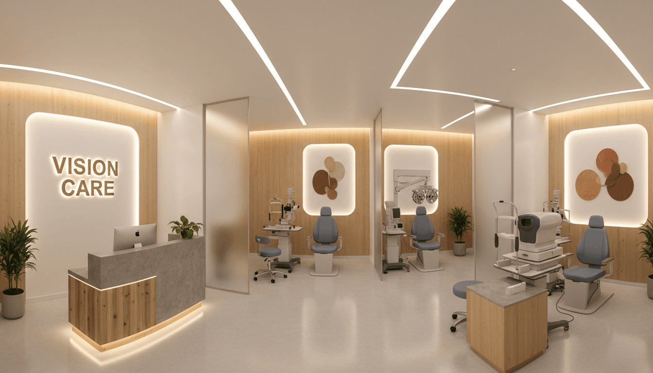 Interior de consultorio oftalmológico moderno con equipo médico profesional e iluminación cálida